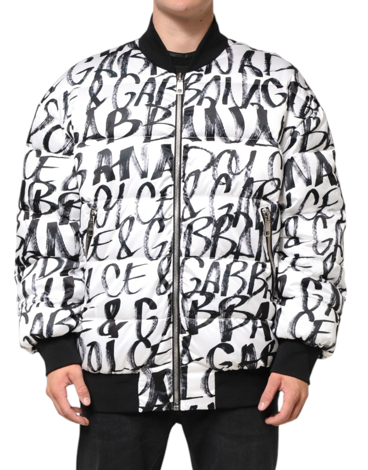 Veste bomber matelassée à logo graffiti blanc et noir de Dolce & Gabbana