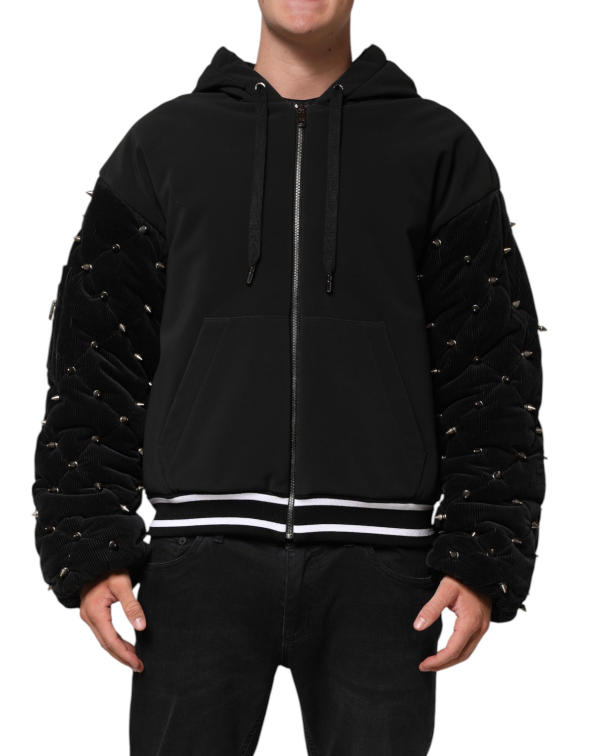 Veste à capuche en coton noir matelassé avec manches cloutées de Dolce & Gabbana