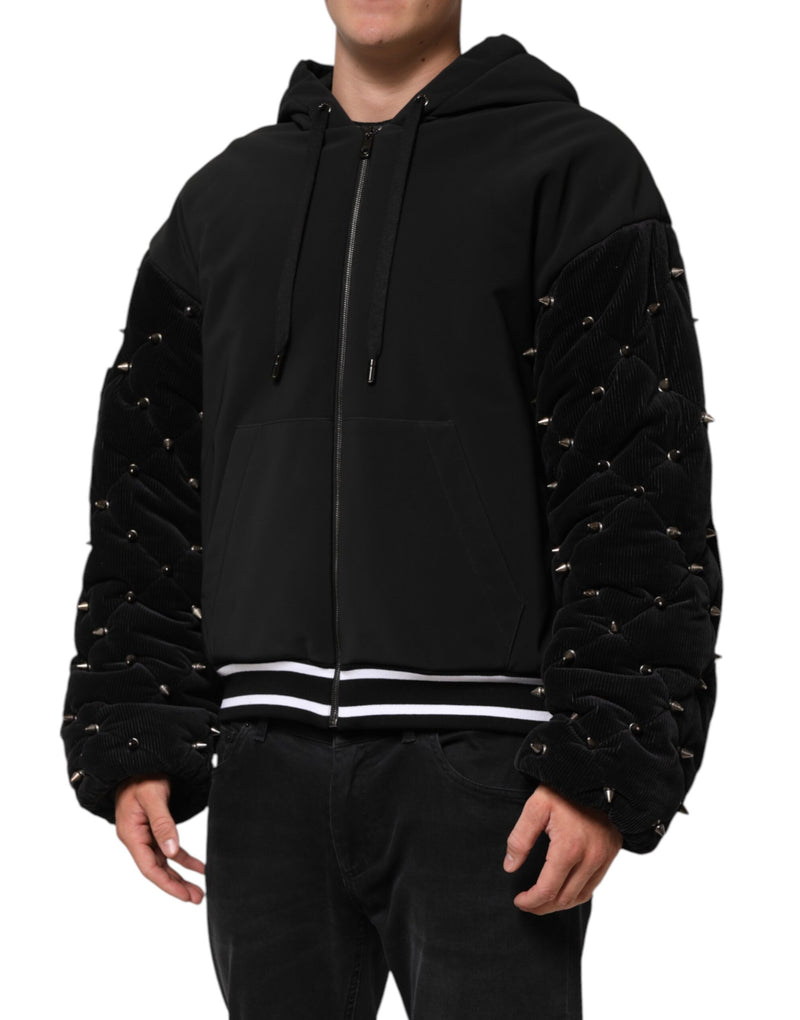 Veste à capuche en coton noir matelassé avec manches cloutées de Dolce & Gabbana