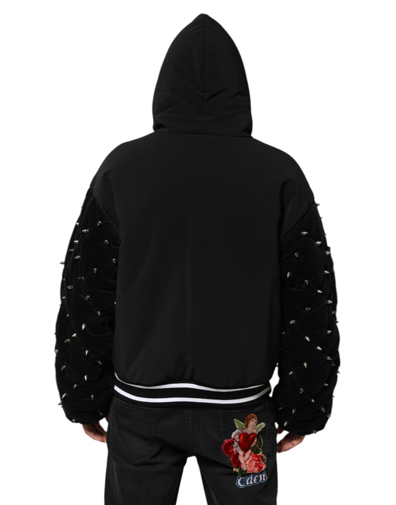 Veste à capuche en coton noir matelassé avec manches cloutées de Dolce & Gabbana