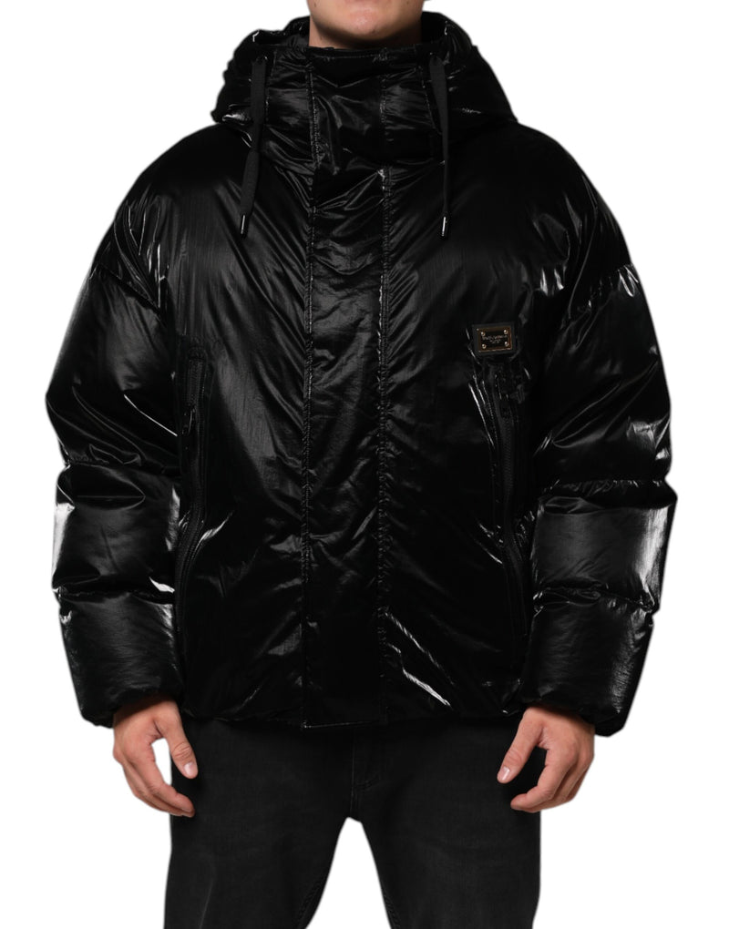 Veste matelassée à capuche zippée noire avec logo Dolce & Gabbana