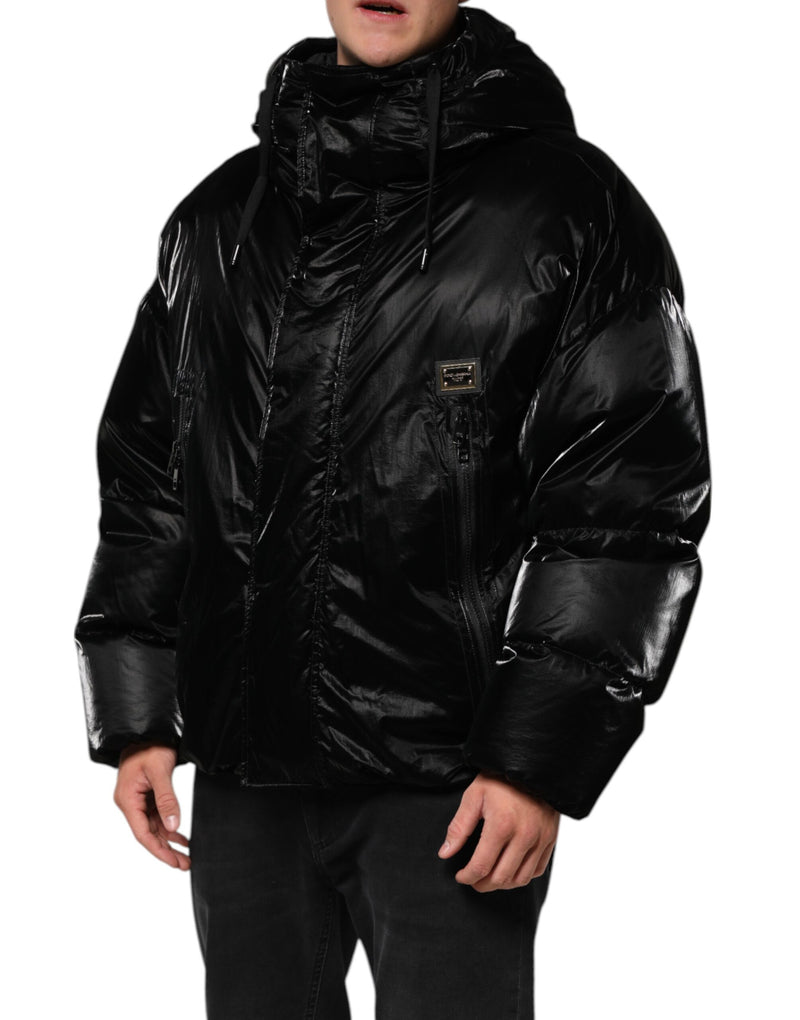 Veste matelassée à capuche zippée noire avec logo Dolce & Gabbana