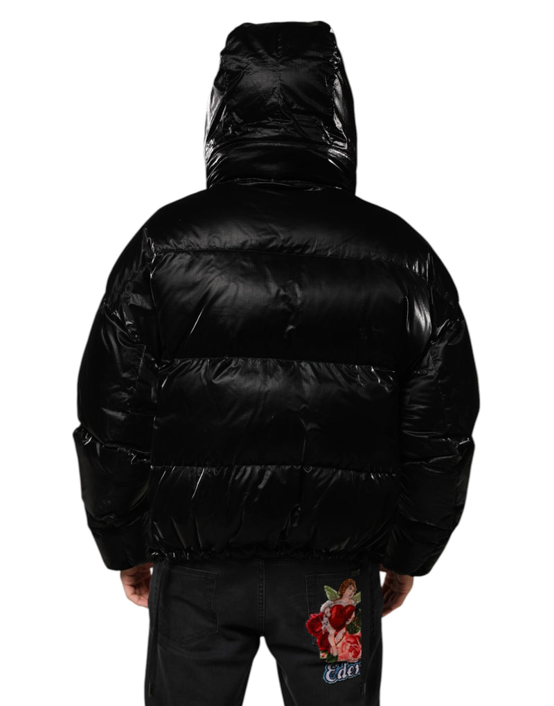 Veste matelassée à capuche zippée noire avec logo Dolce & Gabbana