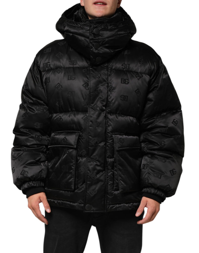 Doudoune à capuche en nylon noire à logo monogramme Dolce & Gabbana