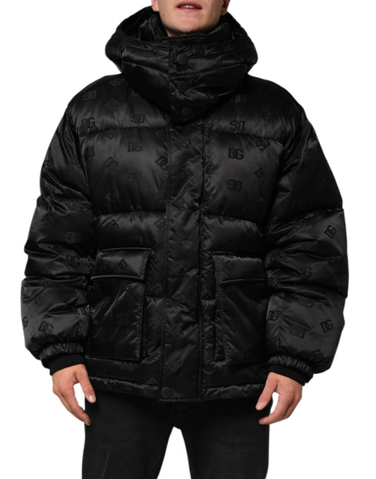 Doudoune à capuche en nylon noire à logo monogramme Dolce & Gabbana