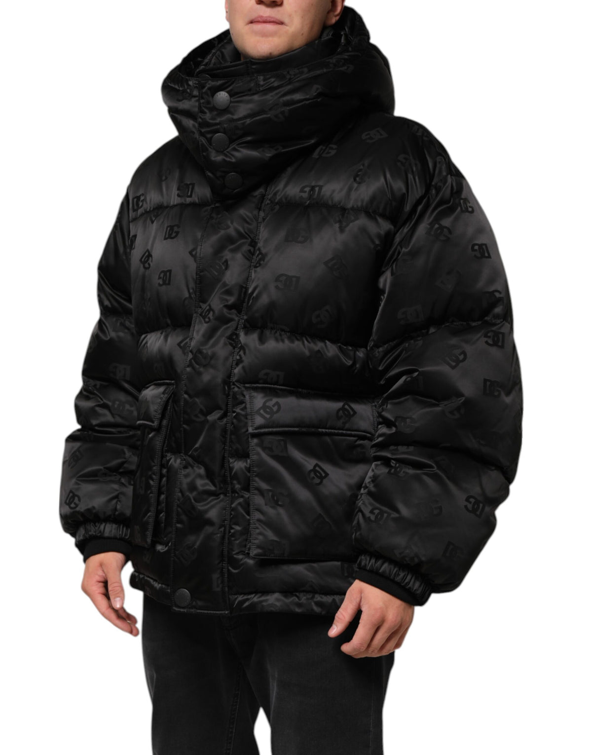 Doudoune à capuche en nylon noire à logo monogramme Dolce & Gabbana