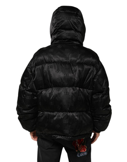 Doudoune à capuche en nylon noire à logo monogramme Dolce & Gabbana