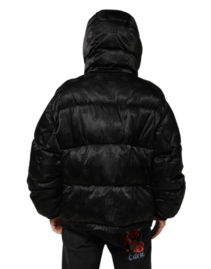 Doudoune à capuche en nylon noire à logo monogramme Dolce & Gabbana