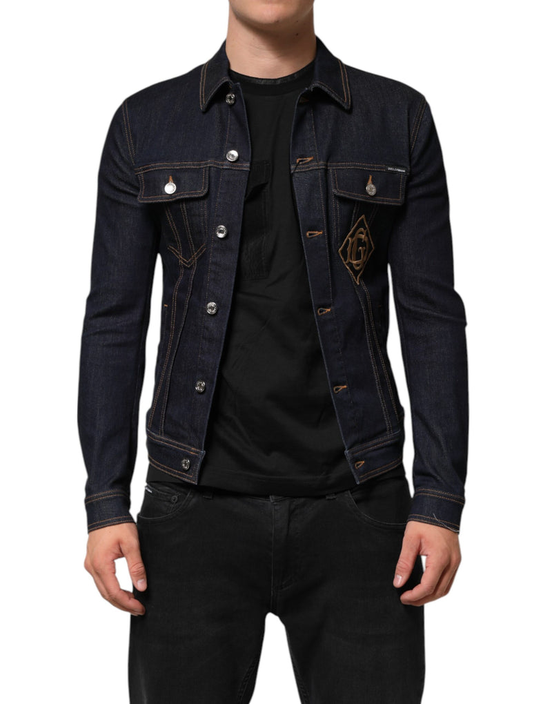 Dolce & Gabbana Veste en jean indigo bleu, coupe slim, avec patch logo.