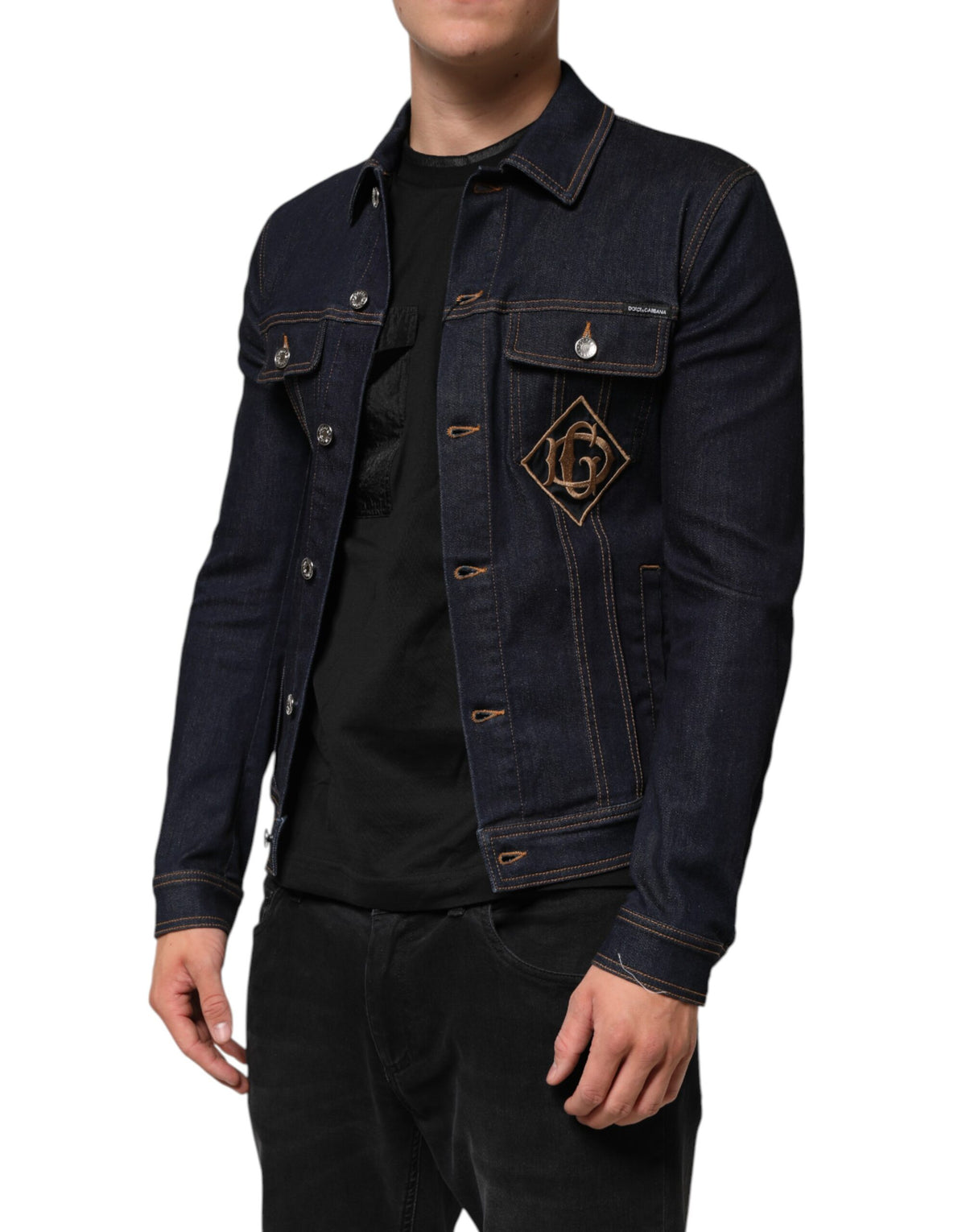 Dolce & Gabbana Veste en jean indigo bleu, coupe slim, avec patch logo.