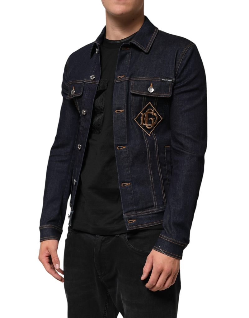 Dolce & Gabbana Veste en jean indigo bleu, coupe slim, avec patch logo.