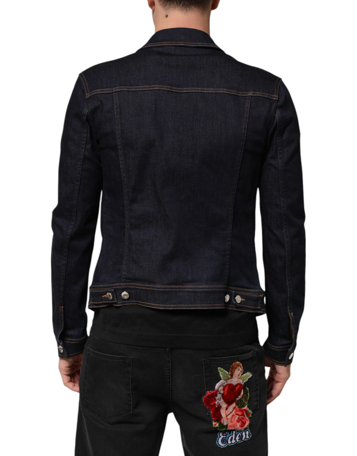 Dolce & Gabbana Veste en jean indigo bleu, coupe slim, avec patch logo.