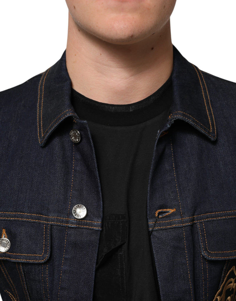 Dolce & Gabbana Veste en jean indigo bleu, coupe slim, avec patch logo.