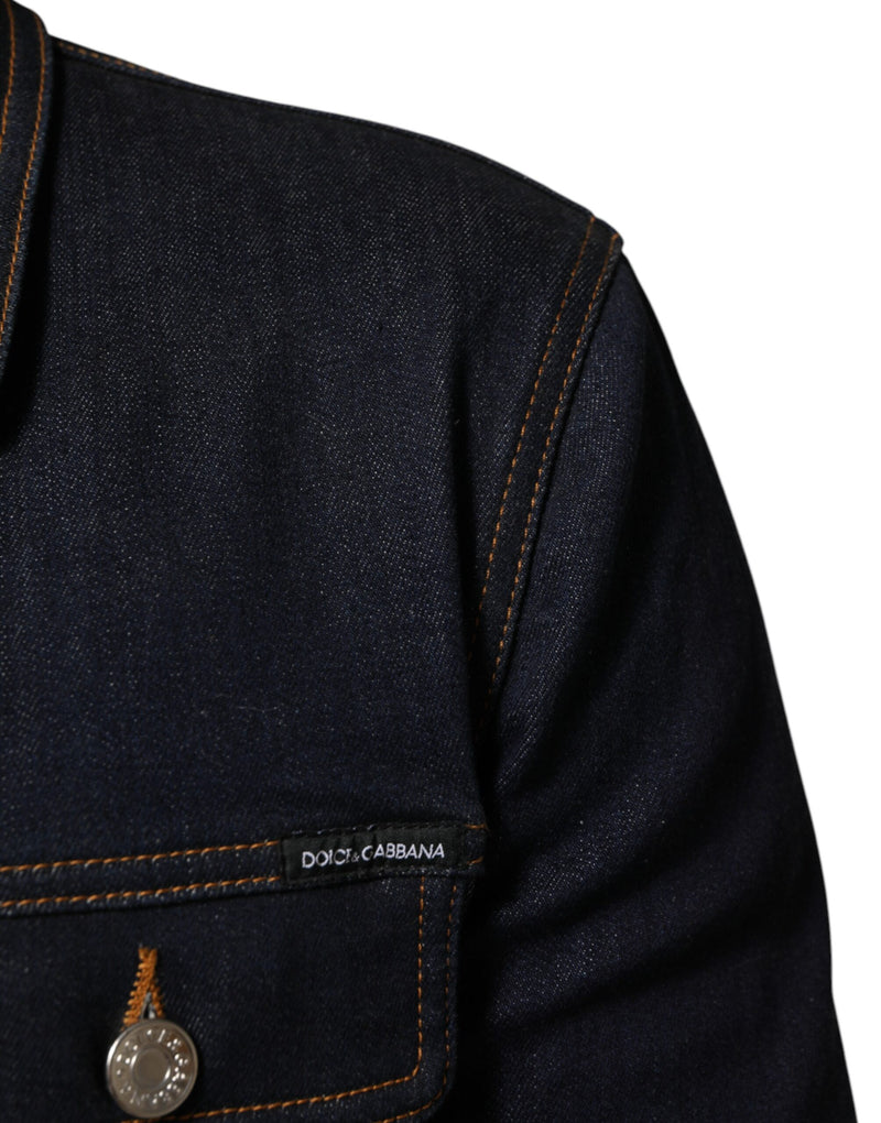 Dolce & Gabbana Veste en jean indigo bleu, coupe slim, avec patch logo.