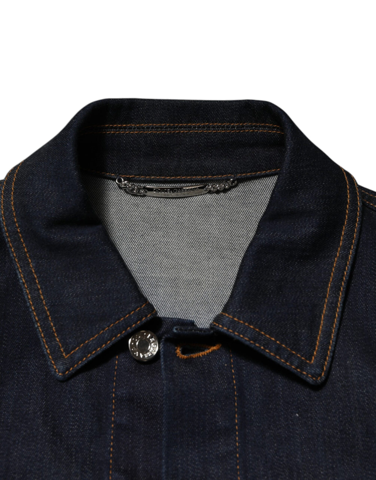 Dolce & Gabbana Veste en jean indigo bleu, coupe slim, avec patch logo.