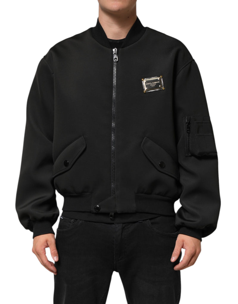 Bomber Jacket en Polyester Noir avec Logo et Plaques de Dolce & Gabbana