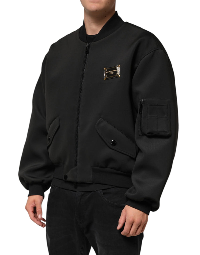 Bomber Jacket en Polyester Noir avec Logo et Plaques de Dolce & Gabbana