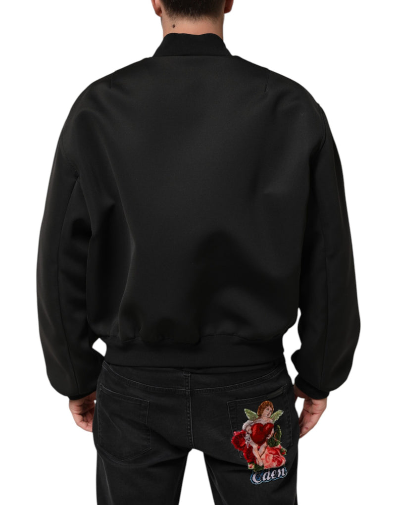 Bomber Jacket en Polyester Noir avec Logo et Plaques de Dolce & Gabbana