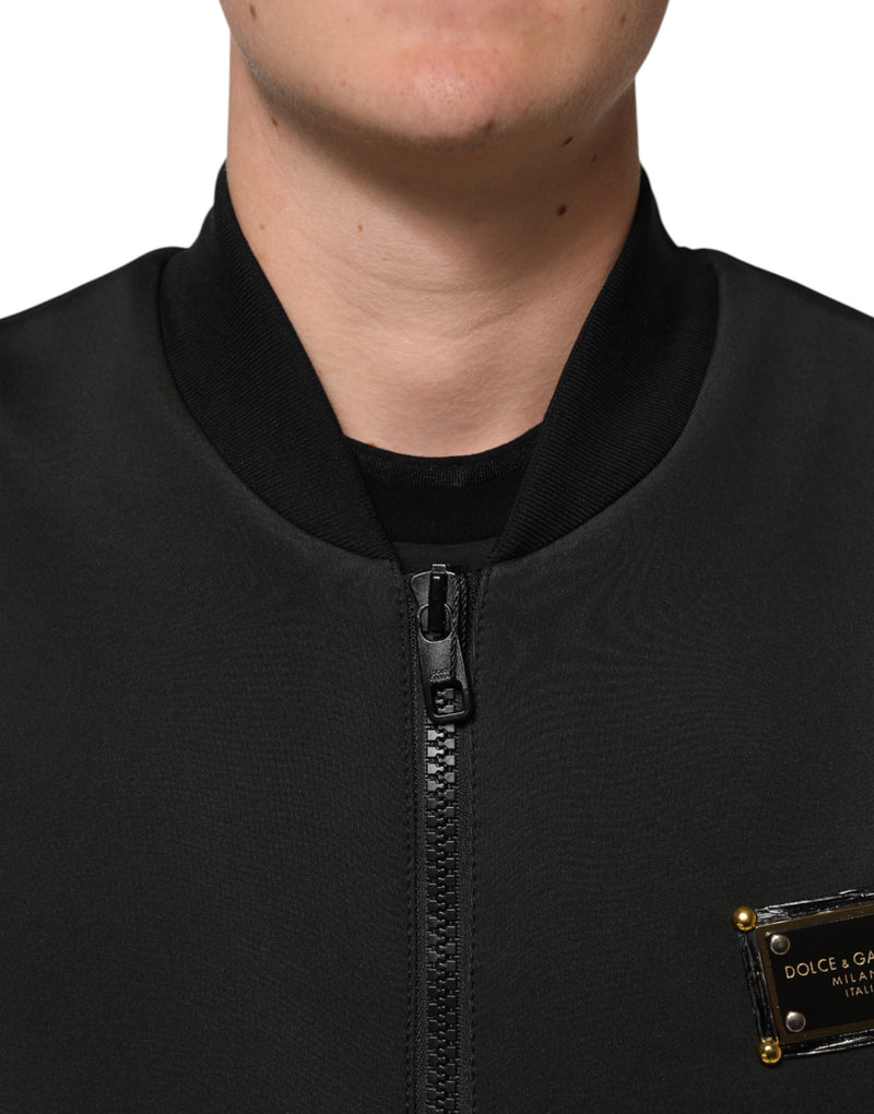 Bomber Jacket en Polyester Noir avec Logo et Plaques de Dolce & Gabbana