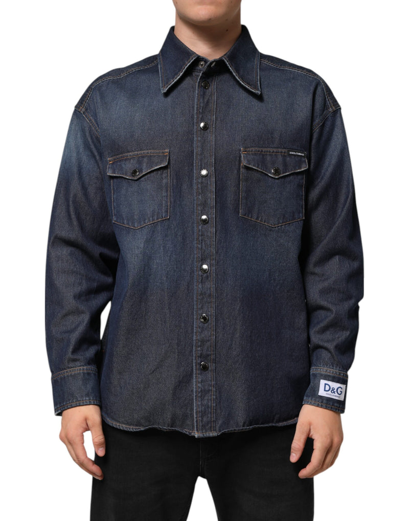 Chemise homme en jean bleu à boutons, avec logo et patch, Dolce &amp; Gabbana.