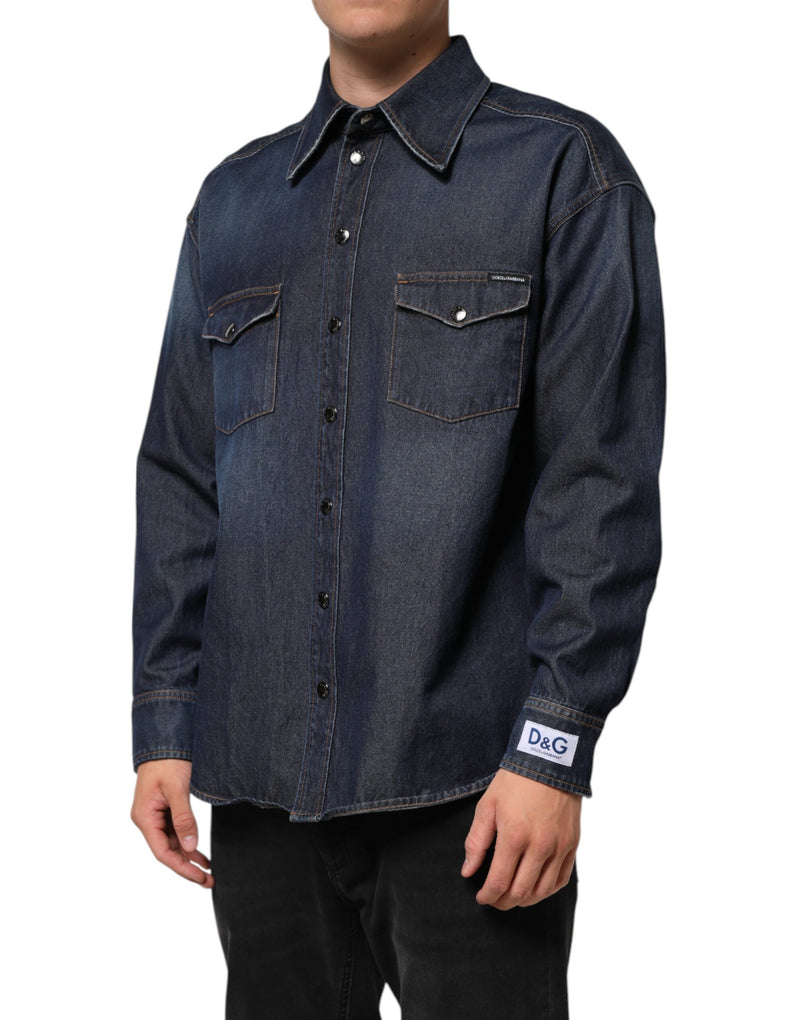 Chemise homme en jean bleu à boutons, avec logo et patch, Dolce &amp; Gabbana.