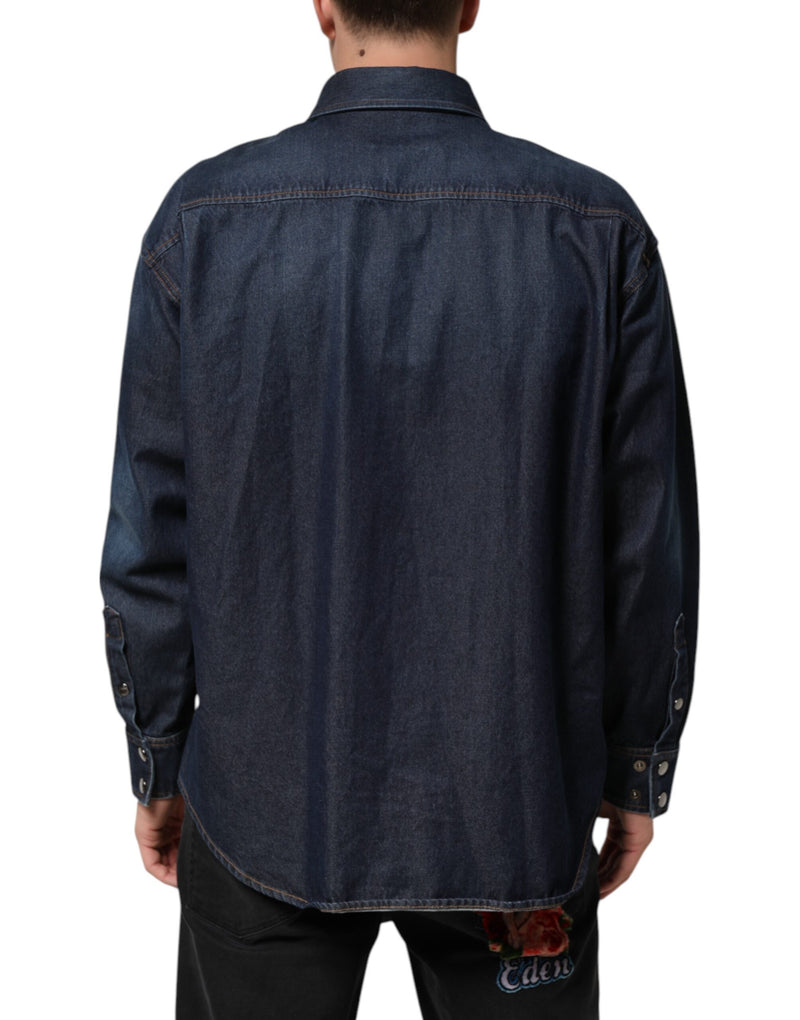 Chemise homme en jean bleu à boutons, avec logo et patch, Dolce &amp; Gabbana.