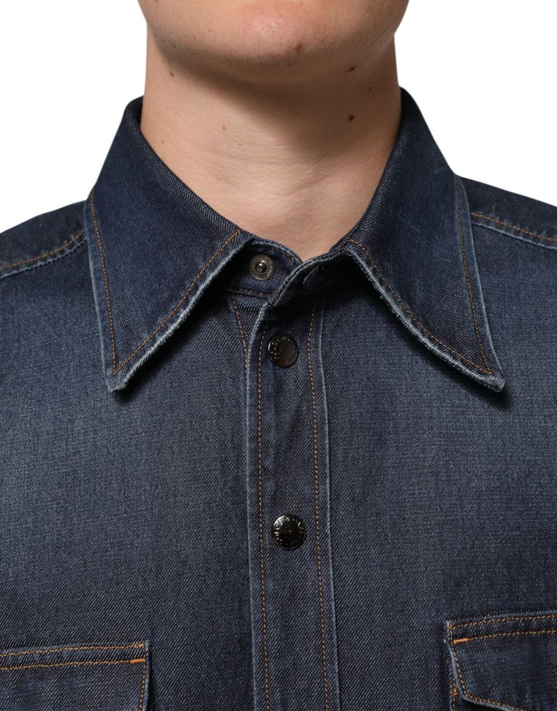 Chemise homme en jean bleu à boutons, avec logo et patch, Dolce &amp; Gabbana.