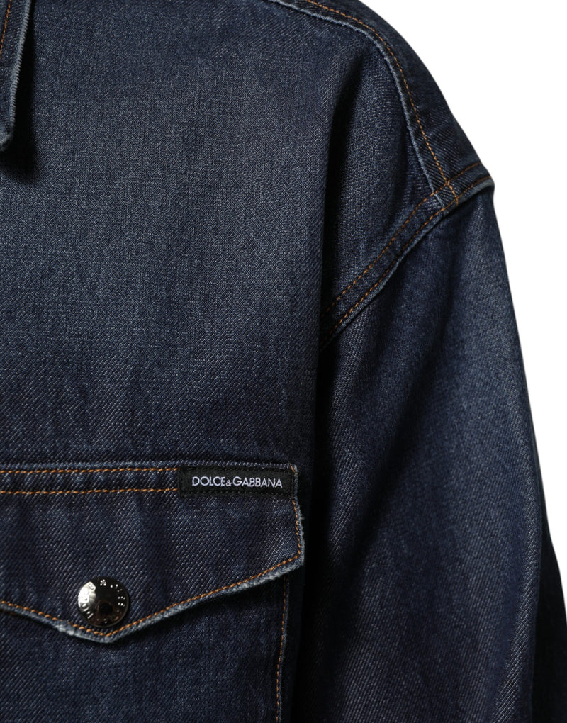 Chemise homme en jean bleu à boutons, avec logo et patch, Dolce &amp; Gabbana.