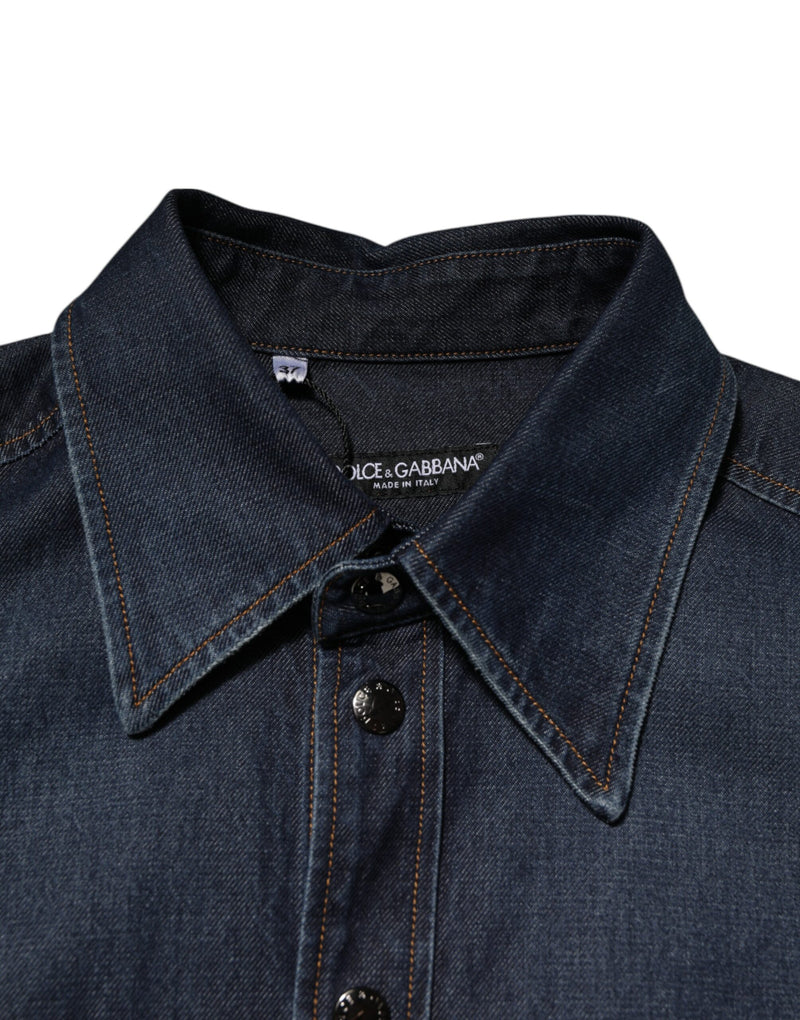 Chemise homme en jean bleu à boutons, avec logo et patch, Dolce &amp; Gabbana.