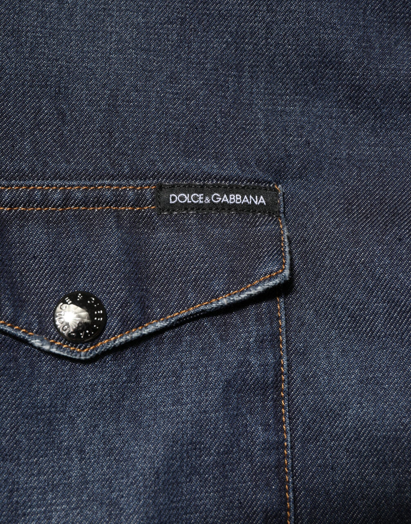 Chemise homme en jean bleu à boutons, avec logo et patch, Dolce &amp; Gabbana.
