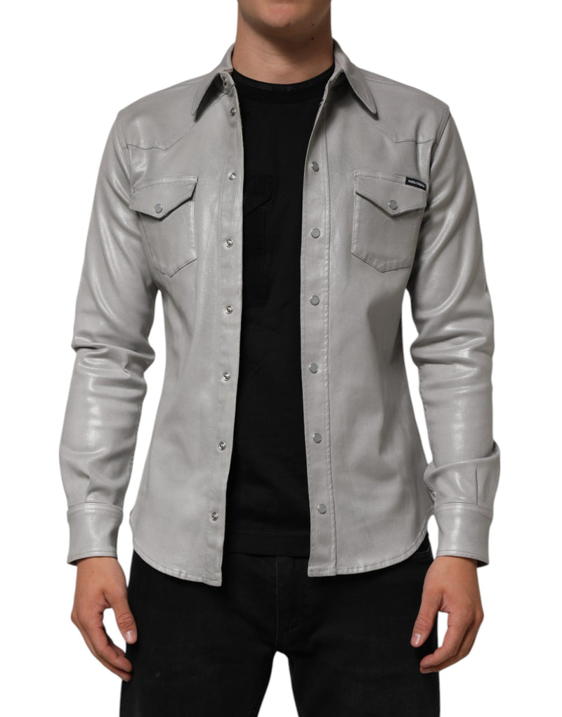 Dolce &amp; Gabbana grijs gecoat katoenen herenoverhemd met drukknopen en logo