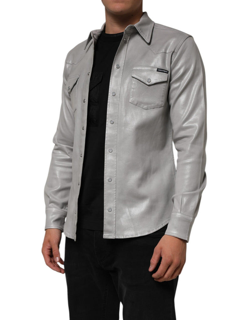 Dolce &amp; Gabbana grijs gecoat katoenen herenoverhemd met drukknopen en logo