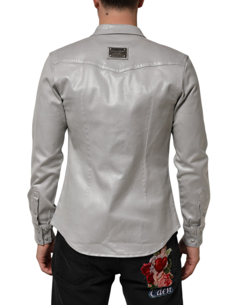 Dolce &amp; Gabbana grijs gecoat katoenen herenoverhemd met drukknopen en logo