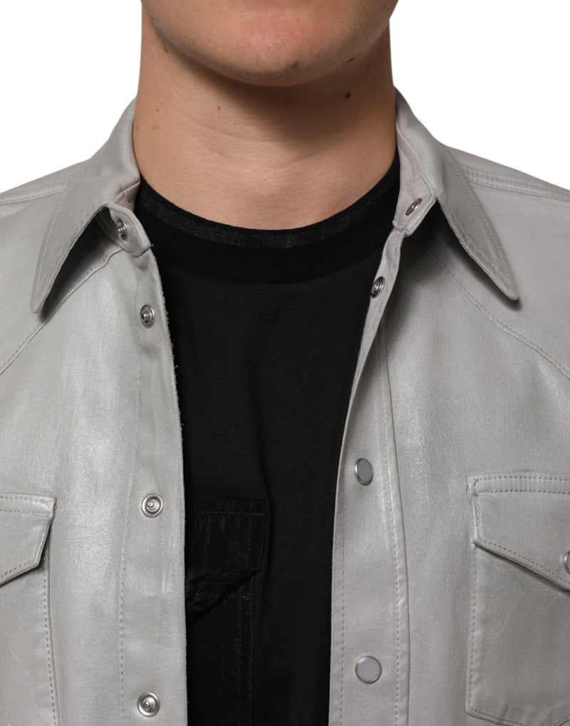 Dolce &amp; Gabbana grijs gecoat katoenen herenoverhemd met drukknopen en logo