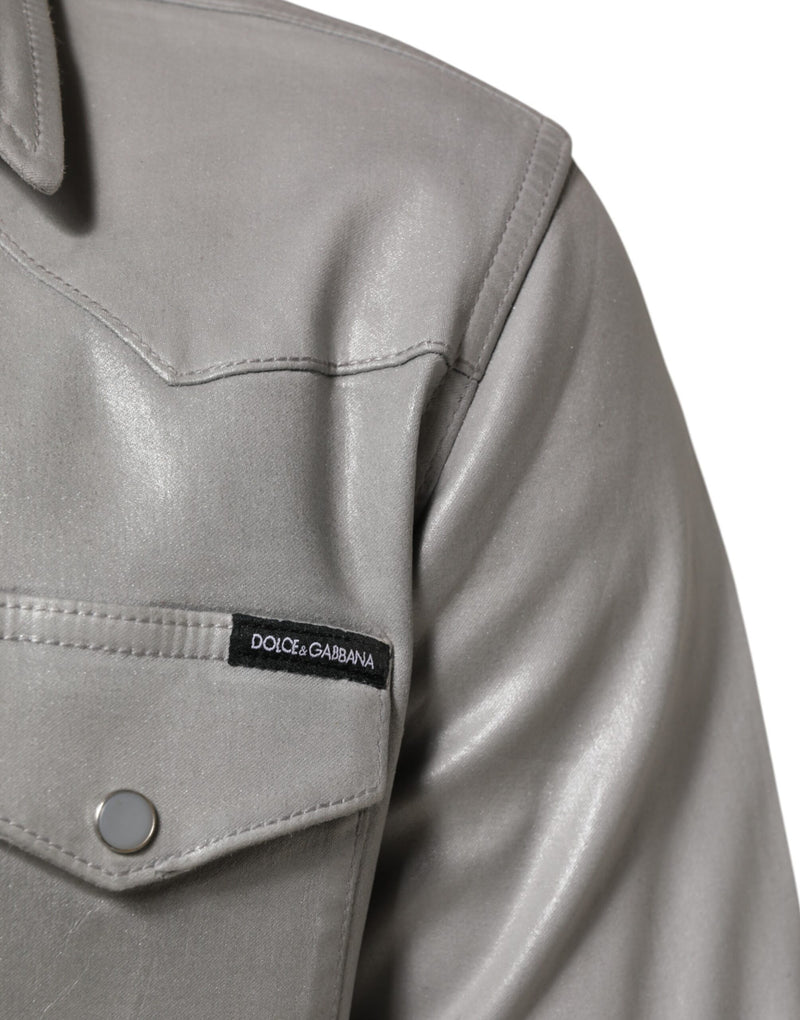 Dolce &amp; Gabbana grijs gecoat katoenen herenoverhemd met drukknopen en logo