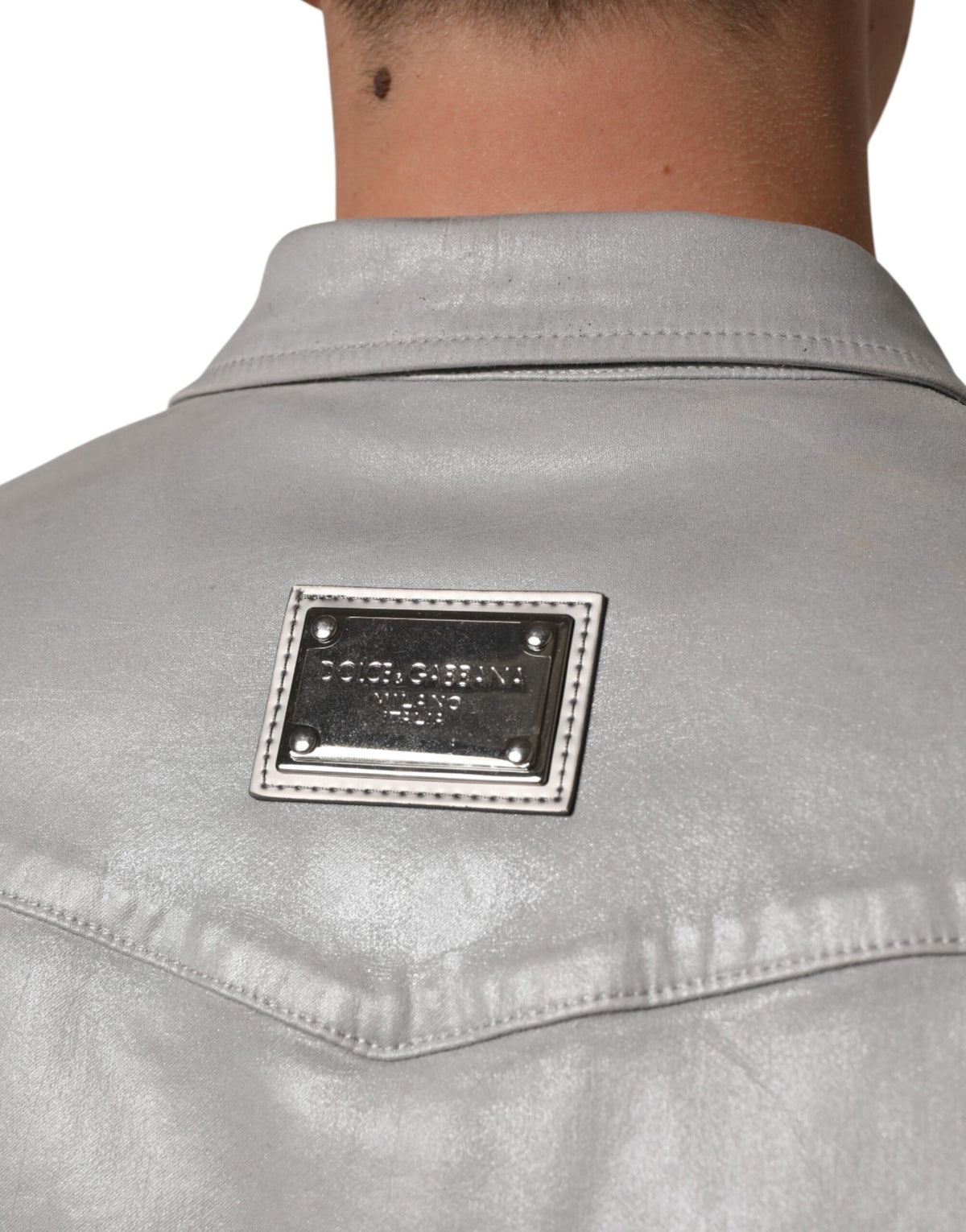 Chemise homme Dolce &amp; Gabbana en coton gris enduit avec logo et boutons-pression.