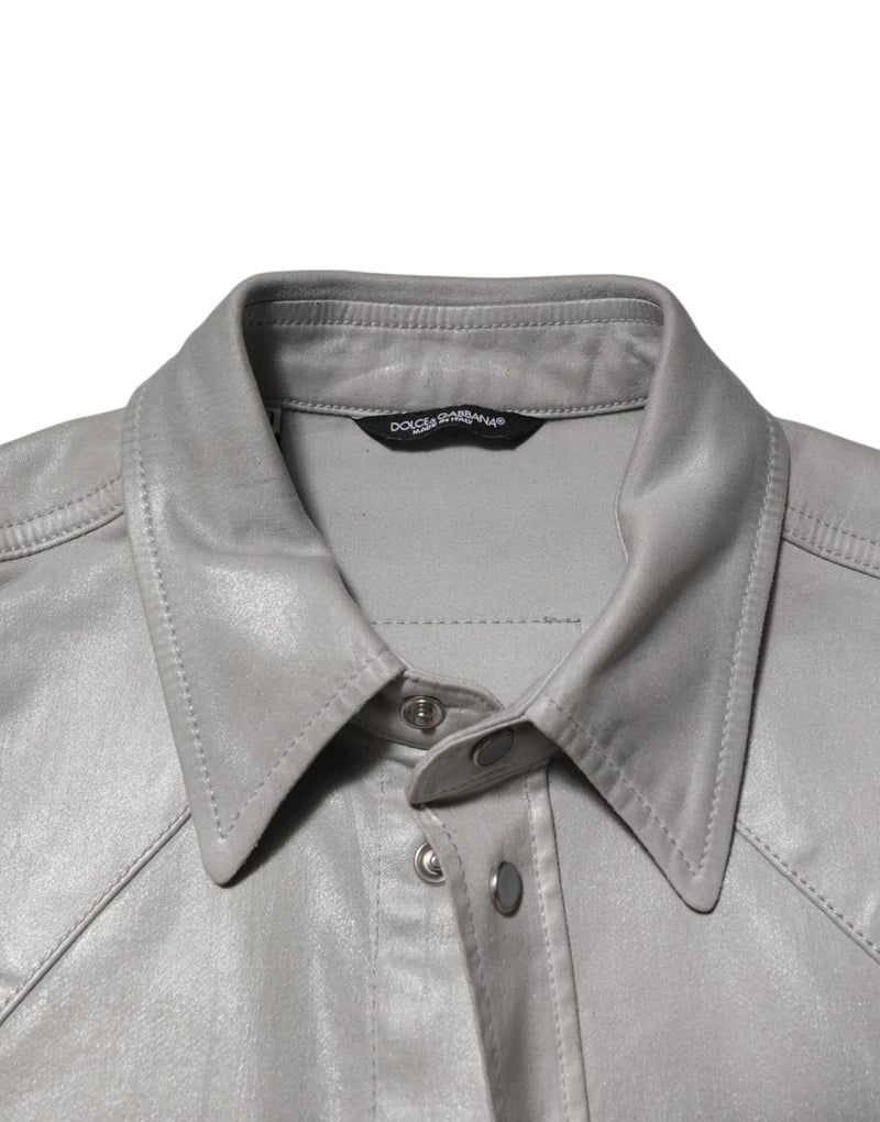 Dolce &amp; Gabbana grijs gecoat katoenen herenoverhemd met drukknopen en logo