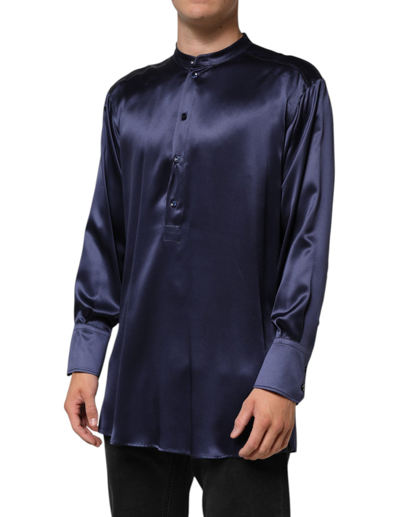 Chemise à manches longues en soie bleu marine à col mandarin de Dolce &amp; Gabbana