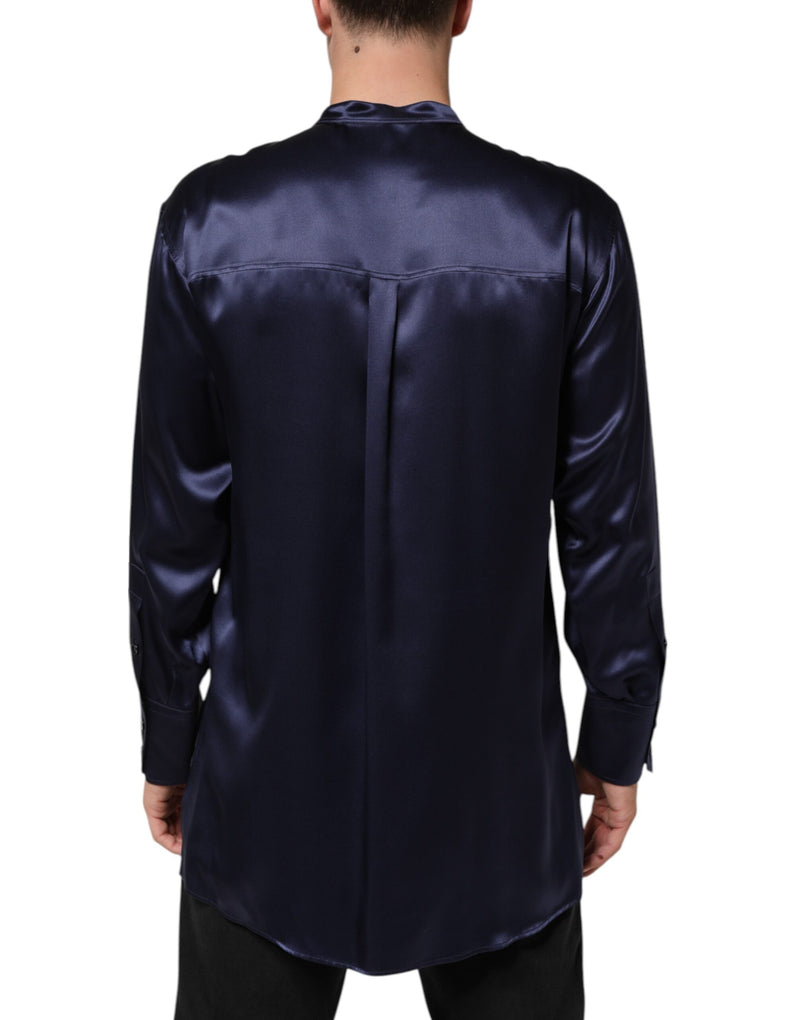 Chemise à manches longues en soie bleu marine à col mandarin de Dolce &amp; Gabbana