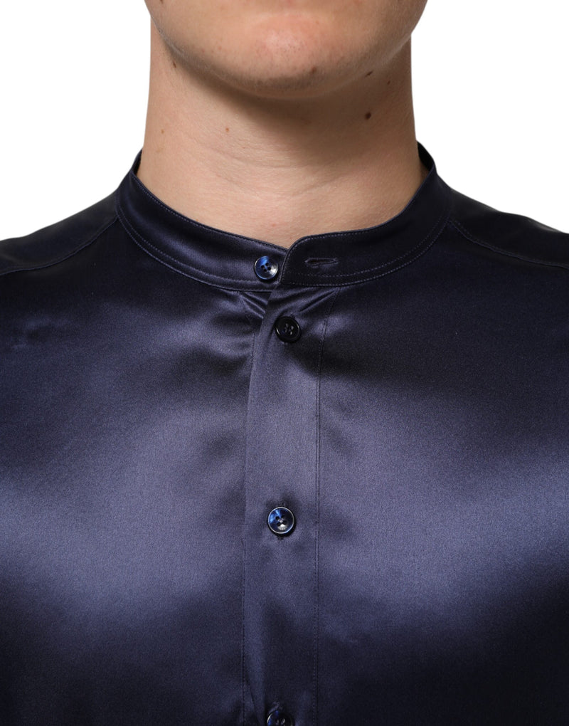Chemise à manches longues en soie bleu marine à col mandarin de Dolce &amp; Gabbana