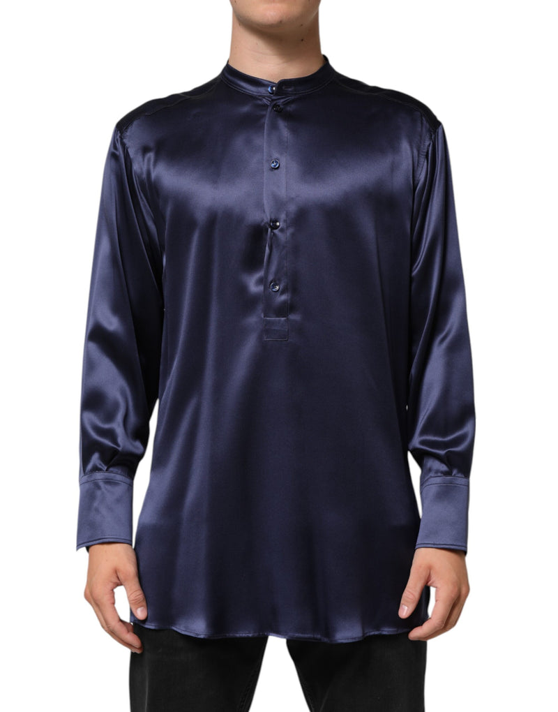 Chemise à manches longues en soie bleu marine à col mandarin de Dolce &amp; Gabbana
