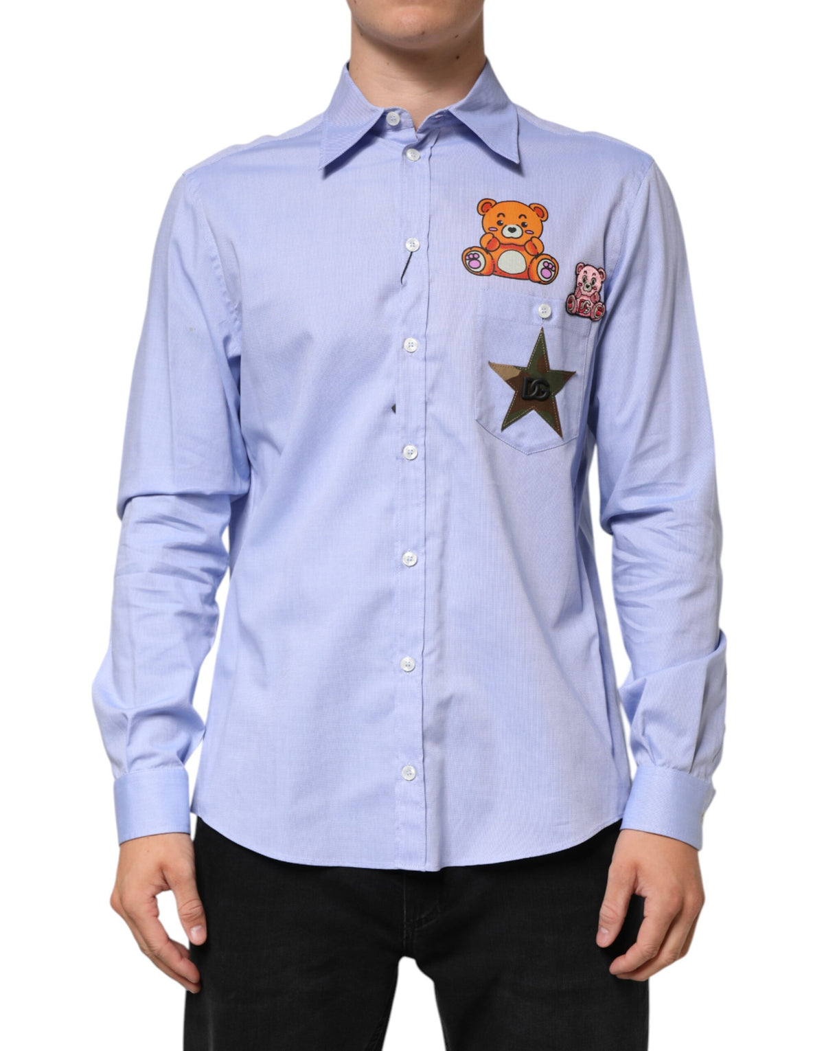 Chemise à manches longues en coton bleu clair avec ours en peluche de Dolce &amp; Gabbana