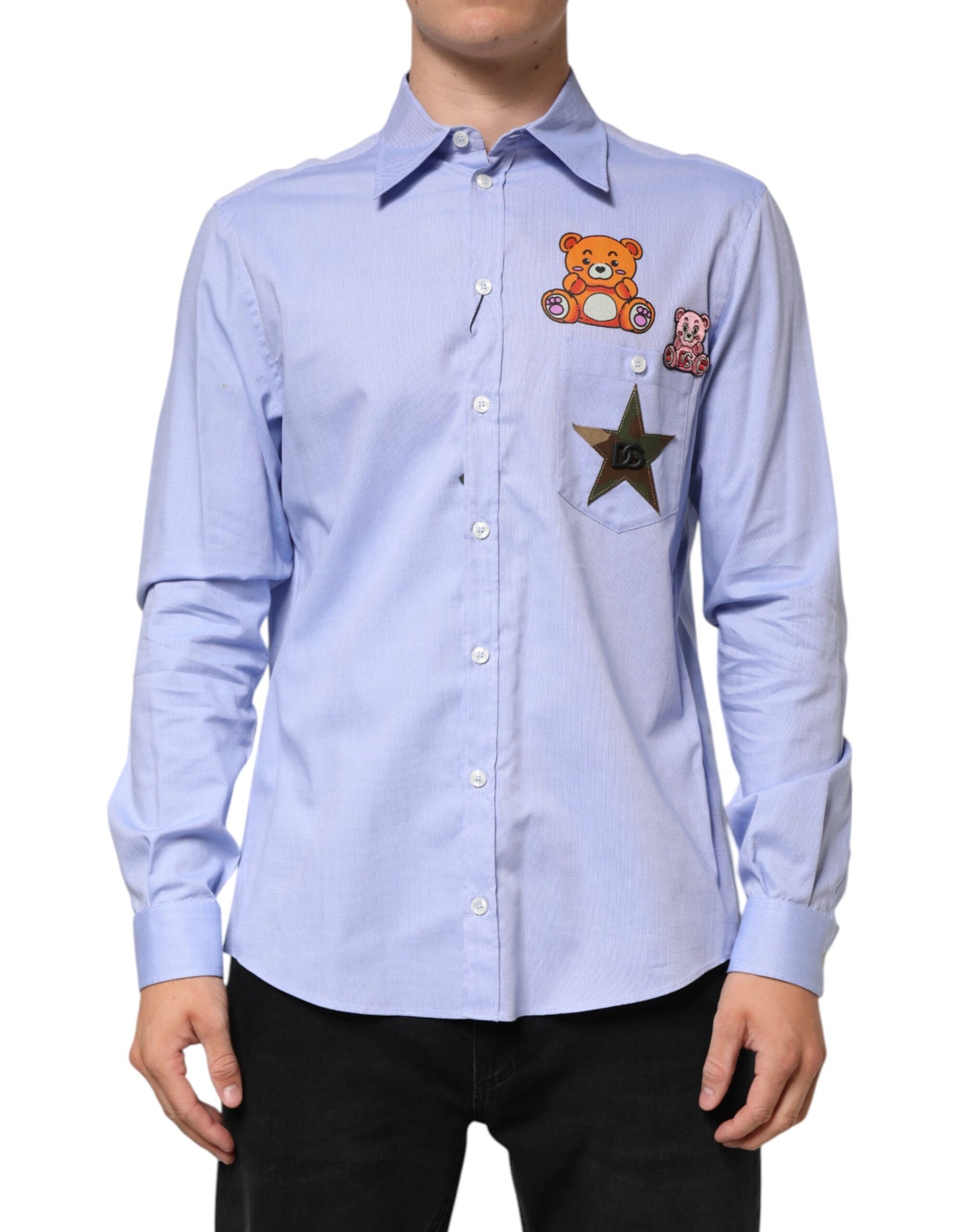 Chemise à manches longues en coton bleu clair avec ours en peluche de Dolce &amp; Gabbana