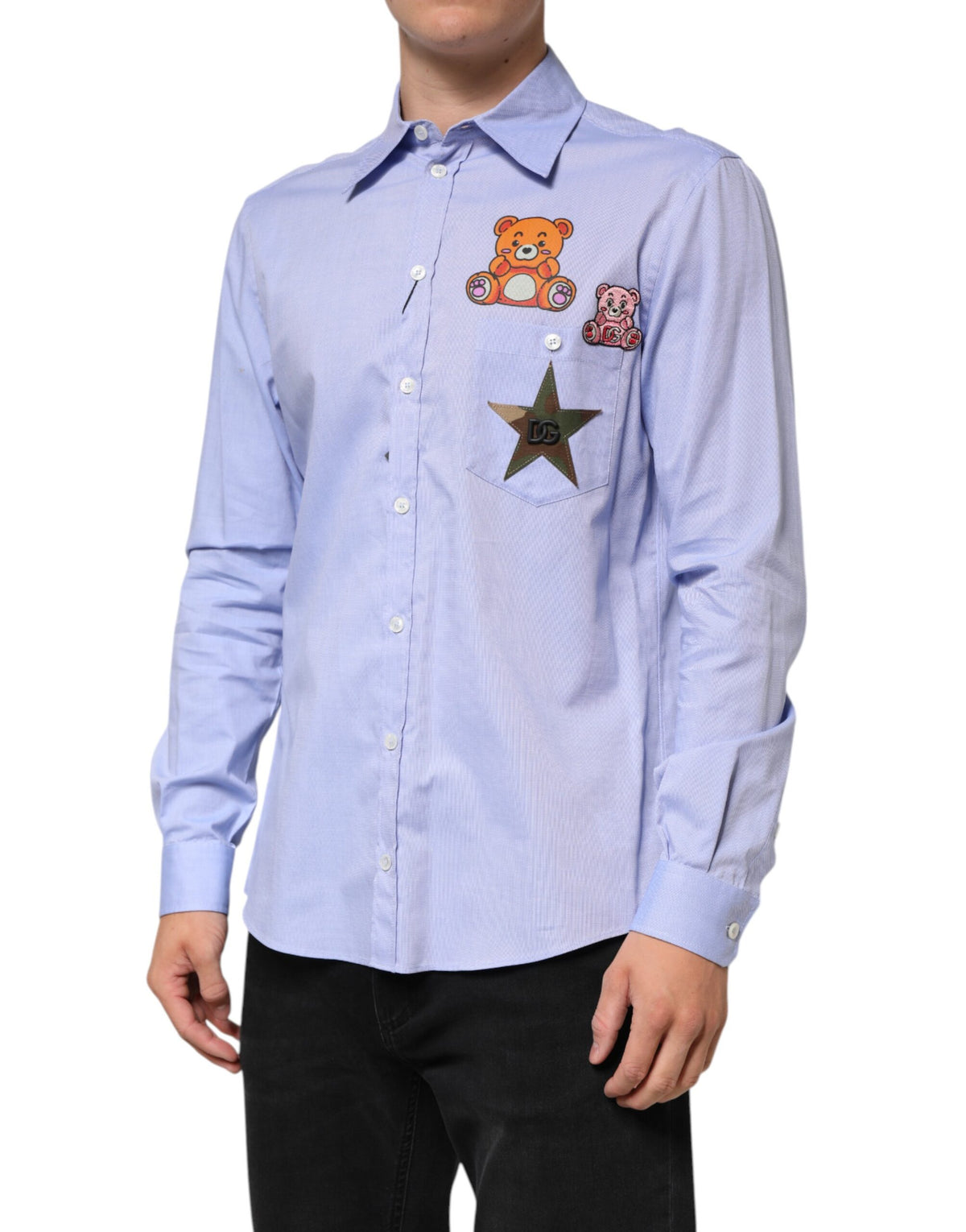 Chemise à manches longues en coton bleu clair avec ours en peluche de Dolce &amp; Gabbana
