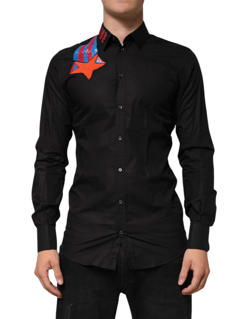 Robe en coton noir à paillettes et étoiles Dolce &amp; Gabbana, chemise formelle pour homme.