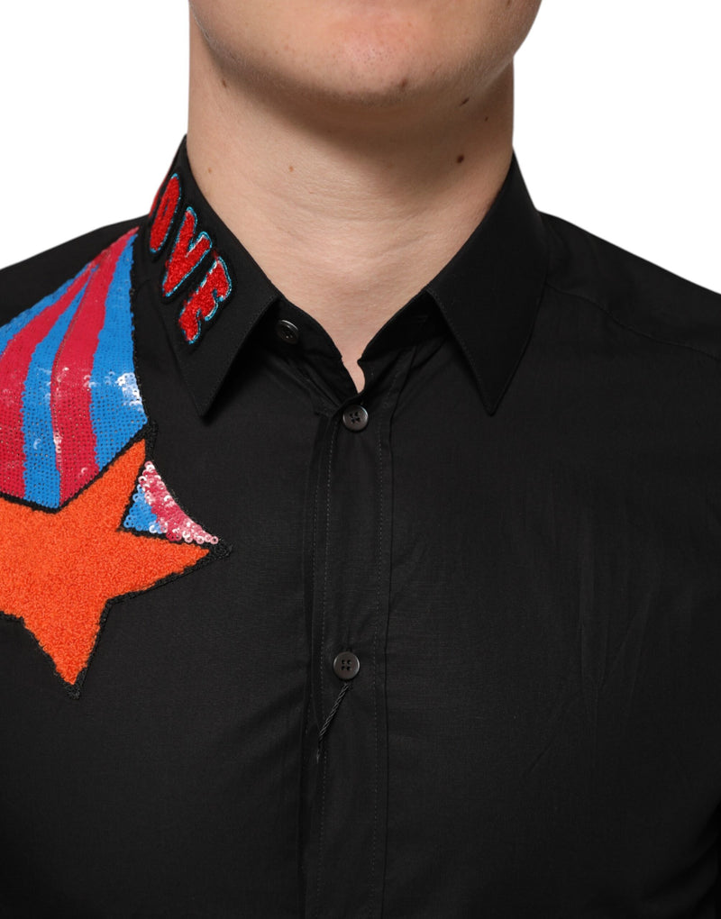 Robe en coton noir à paillettes et étoiles Dolce &amp; Gabbana, chemise formelle pour homme.