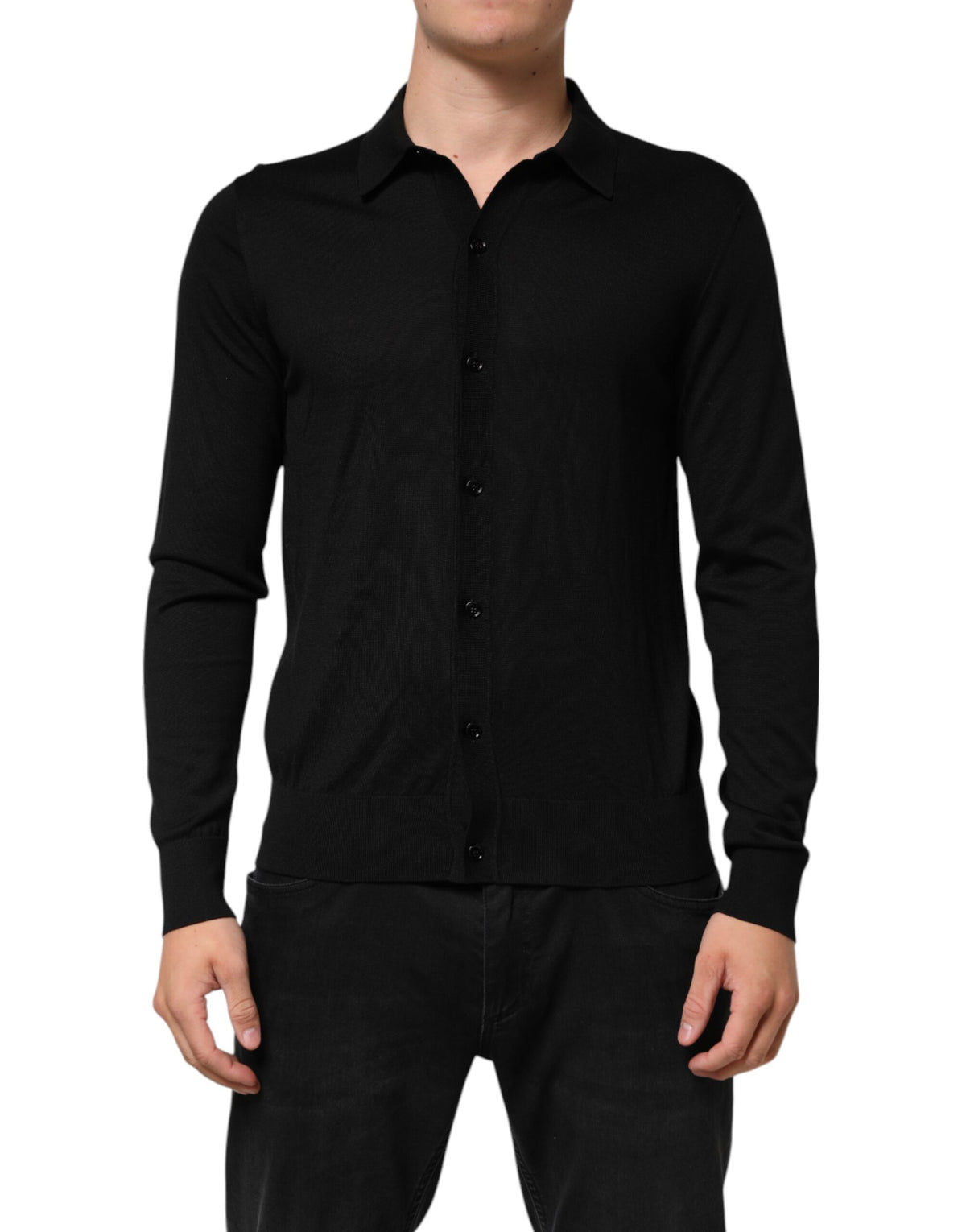 Pull léger en soie noire à boutons de Dolce &amp; Gabbana
