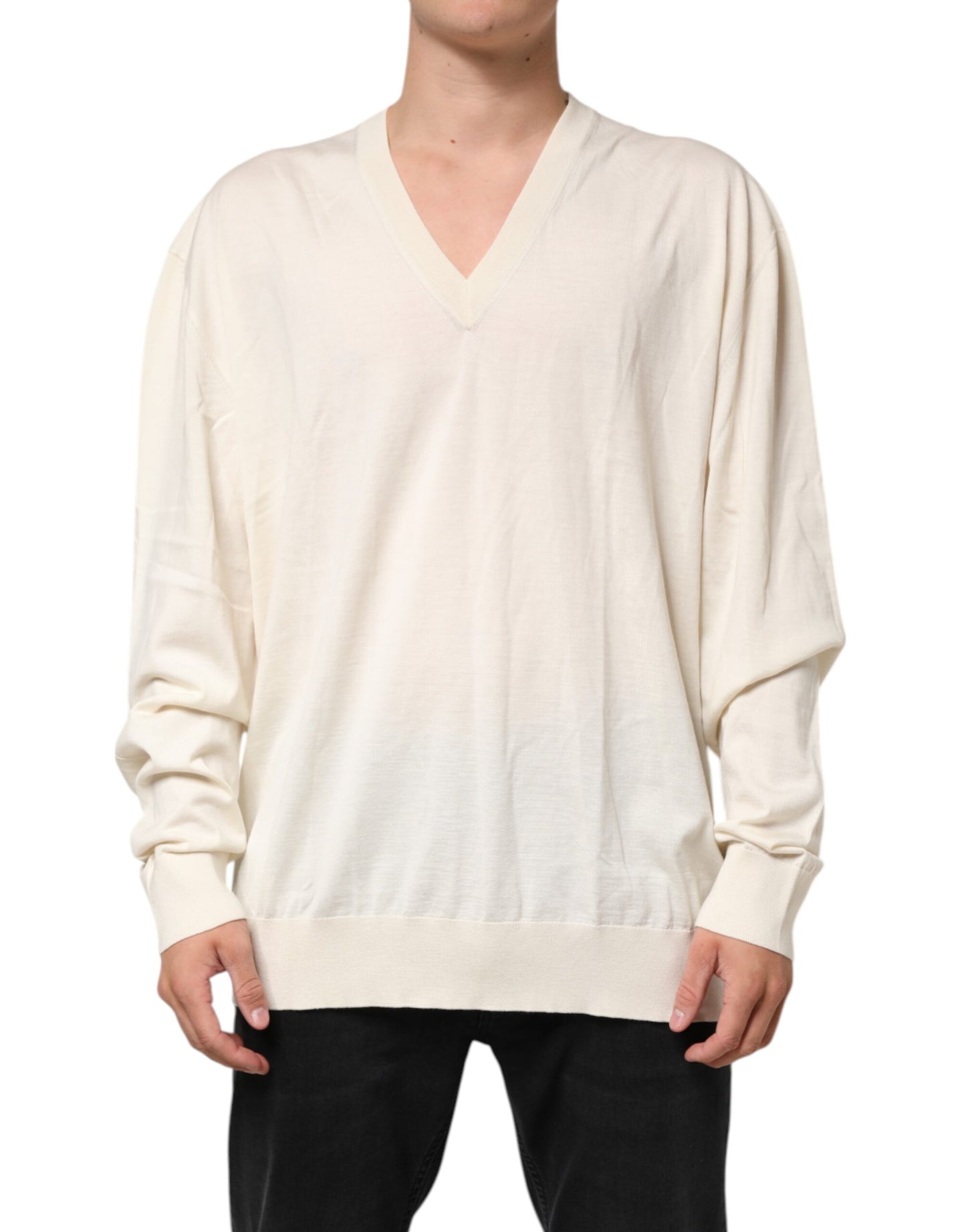 Dolce & Gabbana Ivory Virgin Wool Men V-Neck Knit Sweater