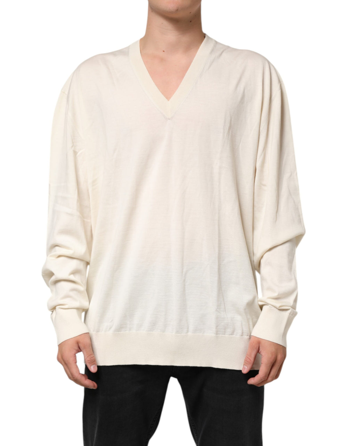 Pull en laine vierge ivoire à col en V pour homme de Dolce &amp; Gabbana