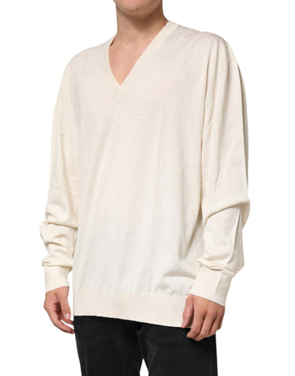 Dolce & Gabbana Ivory Virgin Wool Men V-Neck Knit Sweater
